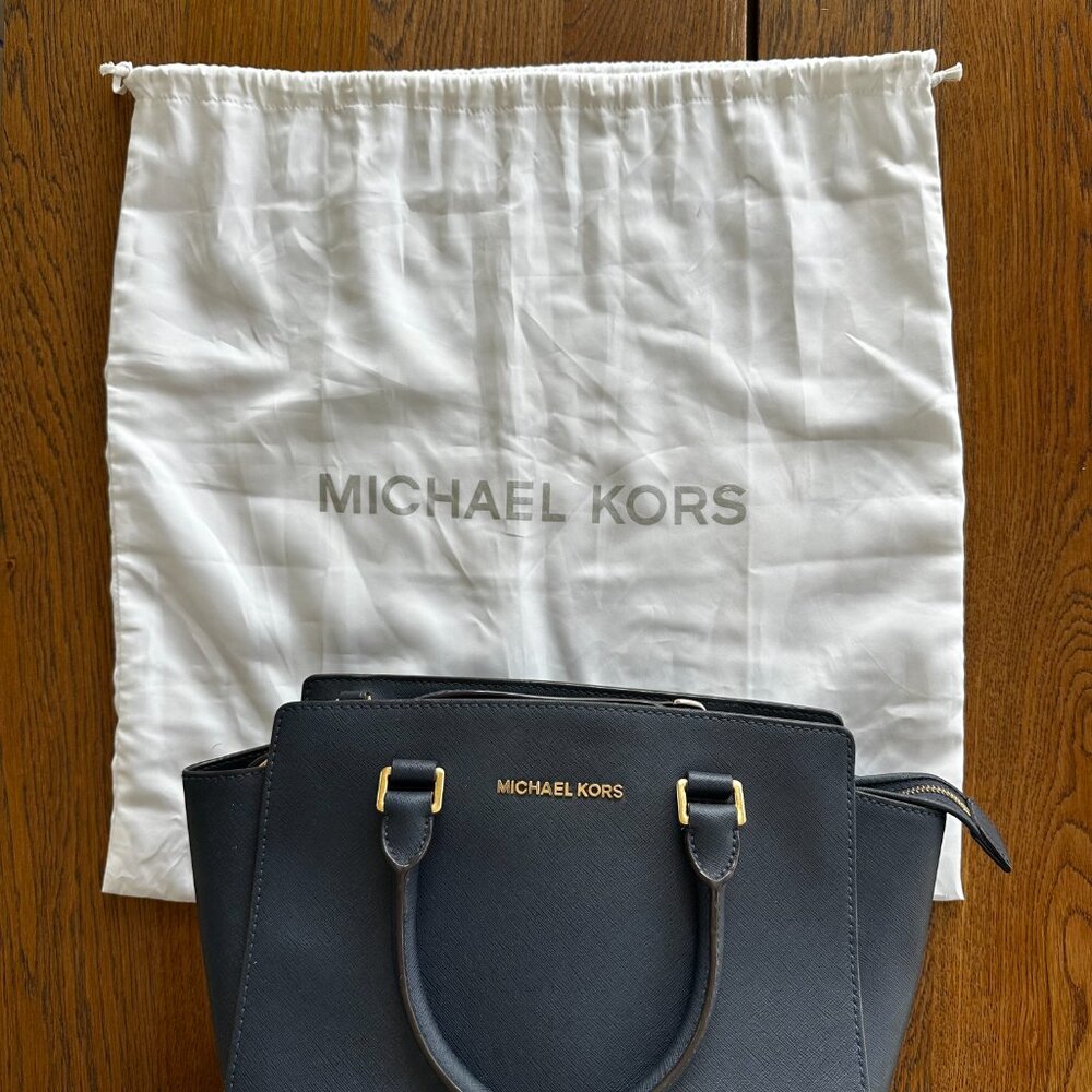 Michael Kors Selma Saffiano Leather Satchel Messenger Handbag Medium Navy Blue - Picture 9 of 15